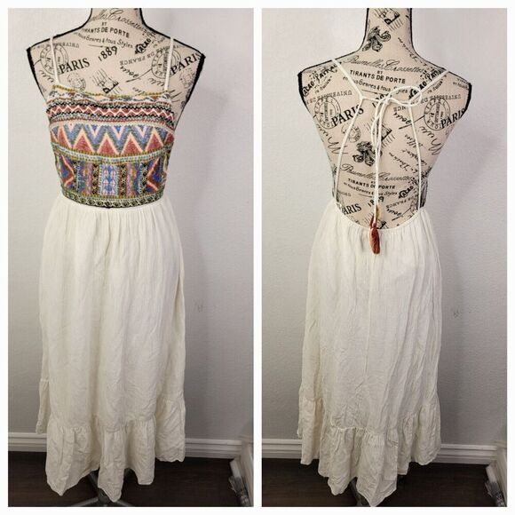 Zara Midi Dress SZ S Halter Embroidered Gauze Beachy Bohemian Cottagecore - Picture 1 of 13